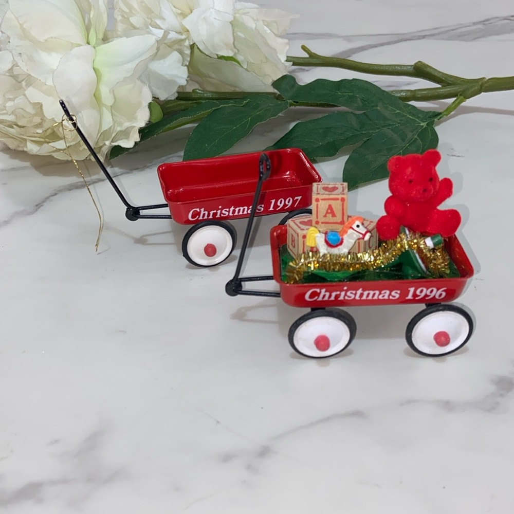 2 Vintage Christmas Ornaments Figis Teddy Bears Toys Red Wagon